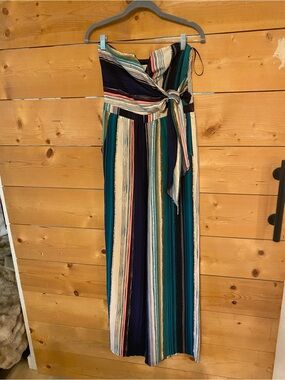 Anthropology elevenses Teal Navy Cream Striped Maxi Dress